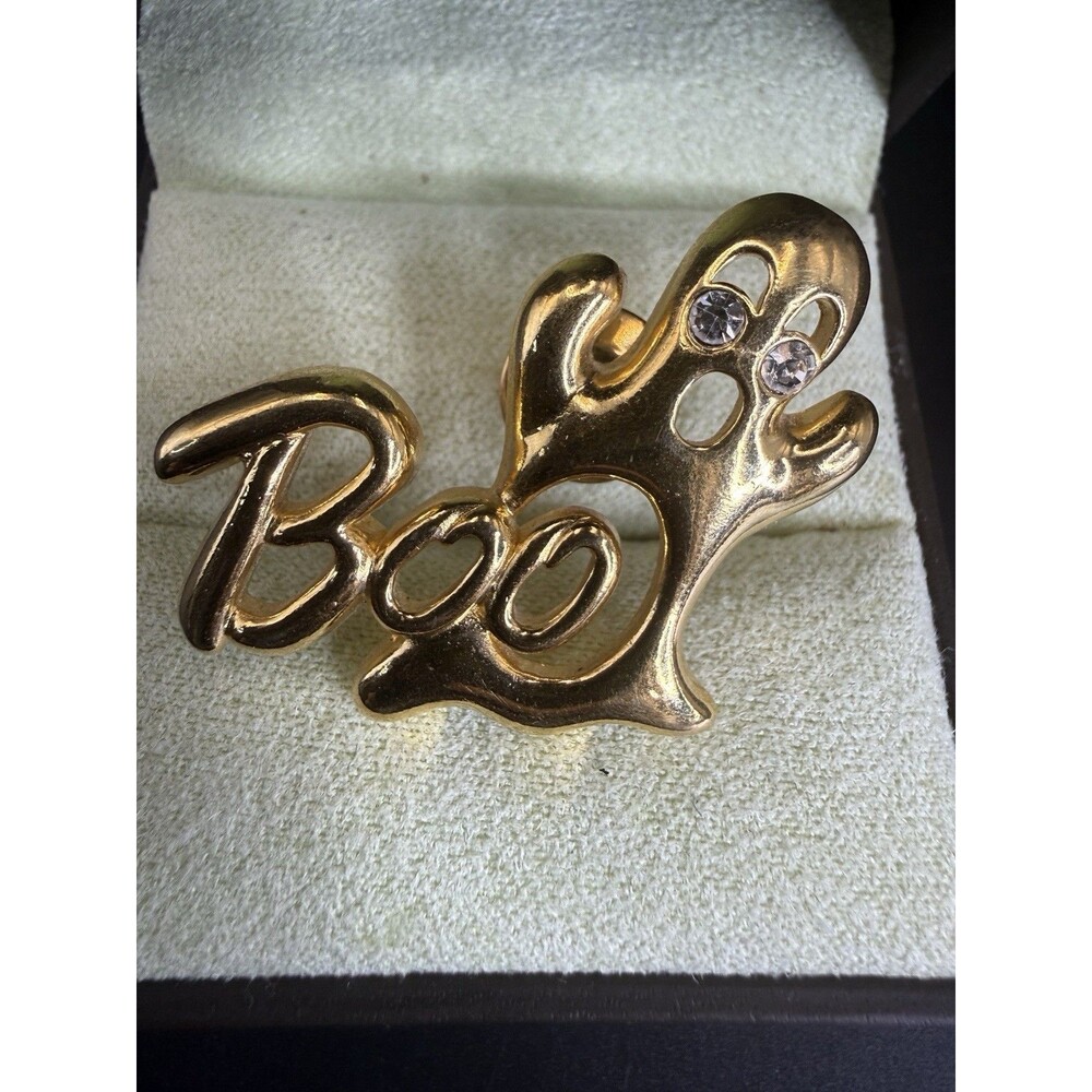 Vintage Avon 1990 Gleeful Ghost Boo Halloween Gold Tone Rhinestones Tack Pin